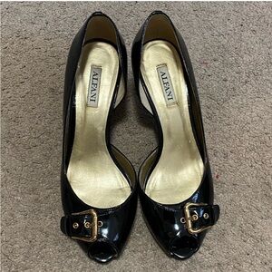 Alfani Glossy Black Peep Toe Kitty Heels with Gold Buckle